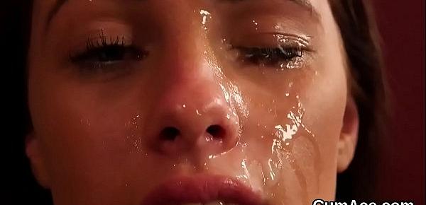  Peculiar stunner gets cumshot on her face sucking all the jizz